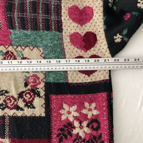 VTG Bungle Boy Women's Patchwork Heart Floral Sweater Black Red Size L - Picture 5 of 6
